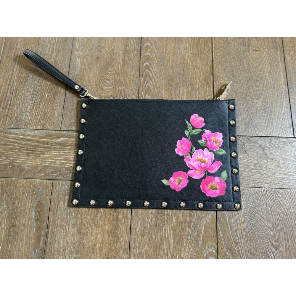White House Black Market Wristlet Black Finish With Gold Studs & Floral Design - Picture 8 of 8